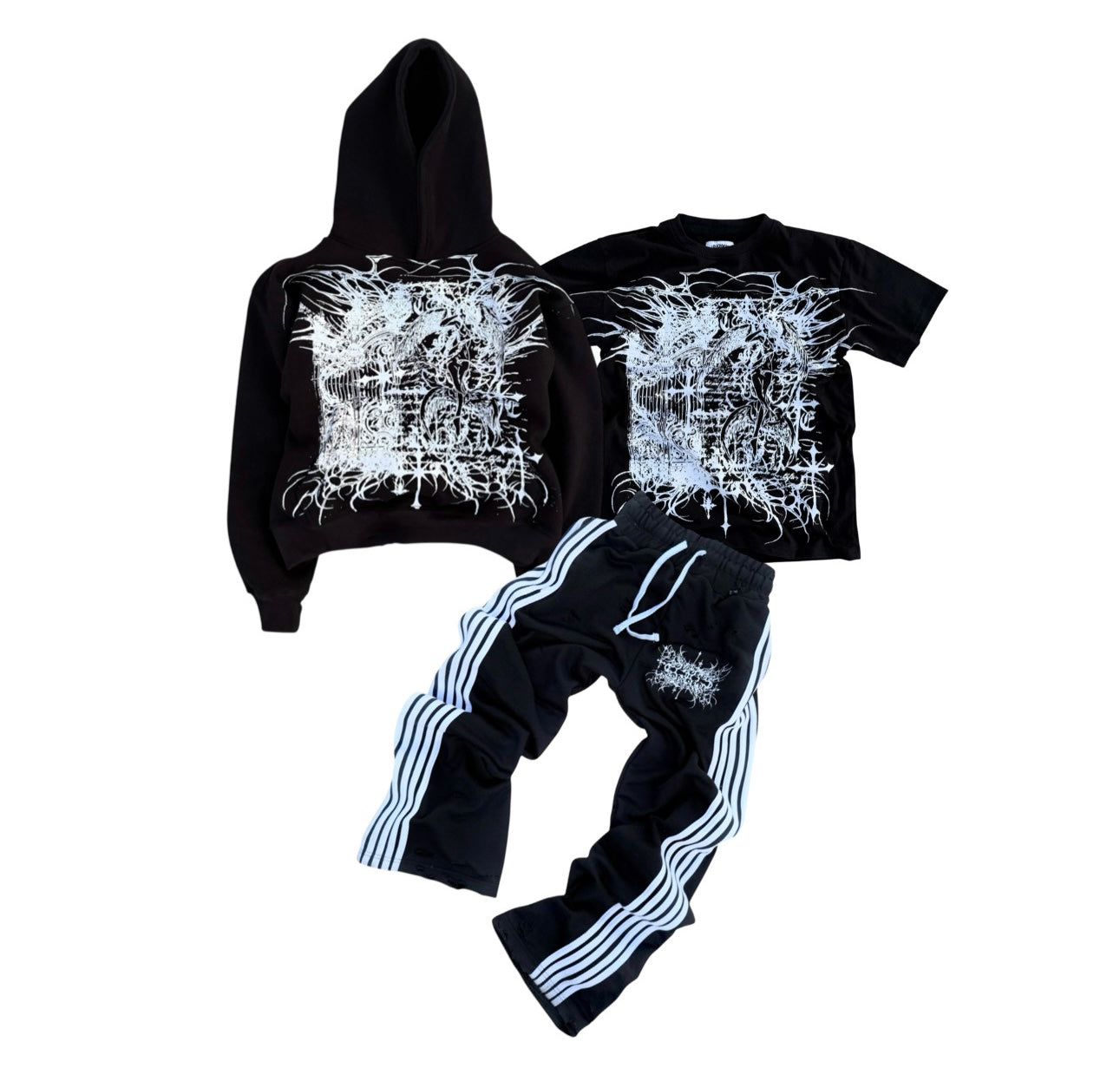 “divine angels” tee + hoodie & “v3 scrapped logo” sweats bundle